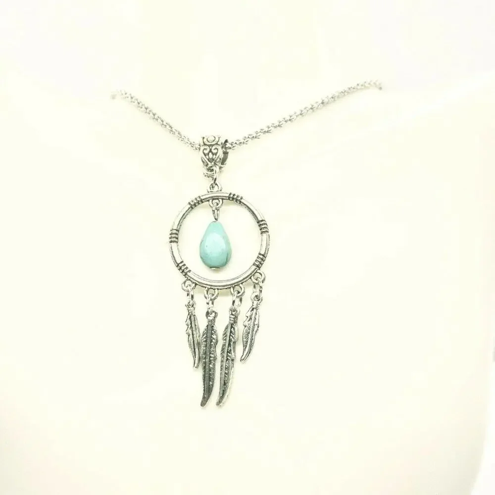 Silver Turquoise Dreamcatcher Feather Necklace